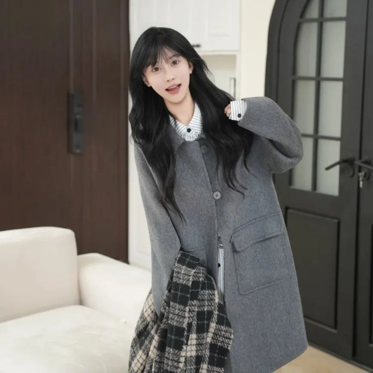 灰色新款双面毛呢大衣宽松气质秋冬小个子百搭时尚慵懒风毛呢外套