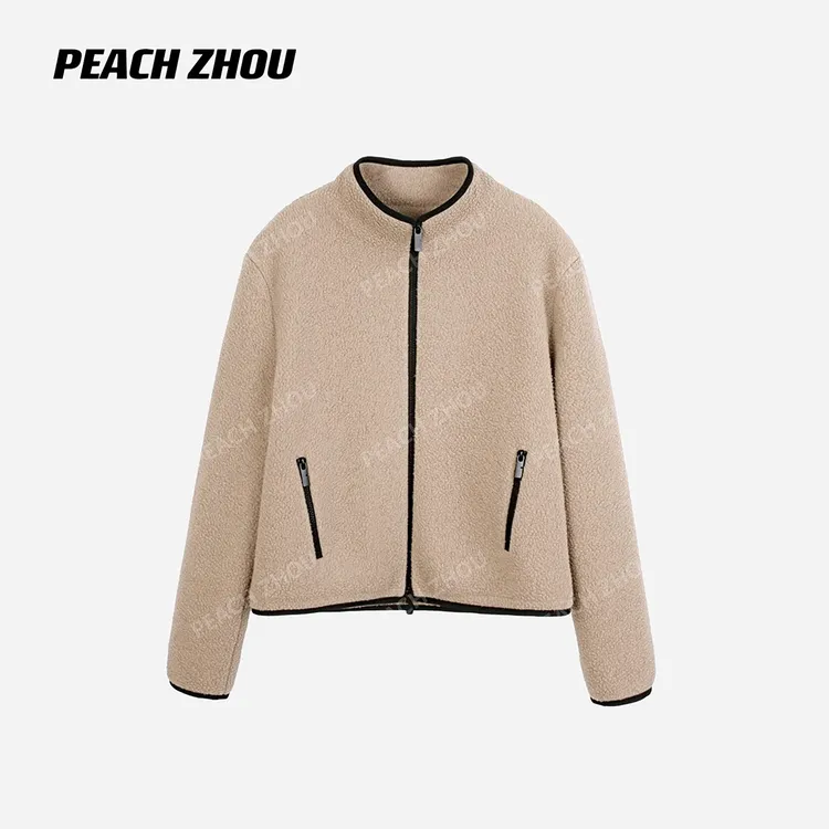 『PEACHZHOU』摇粒绒撞色宽松休闲立领拉链外套简约通勤保暖夹克