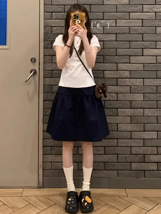 藏青色半身裙女夏季五分裙日系掐腰古早日杂穿搭中裙蓝a字短裙子