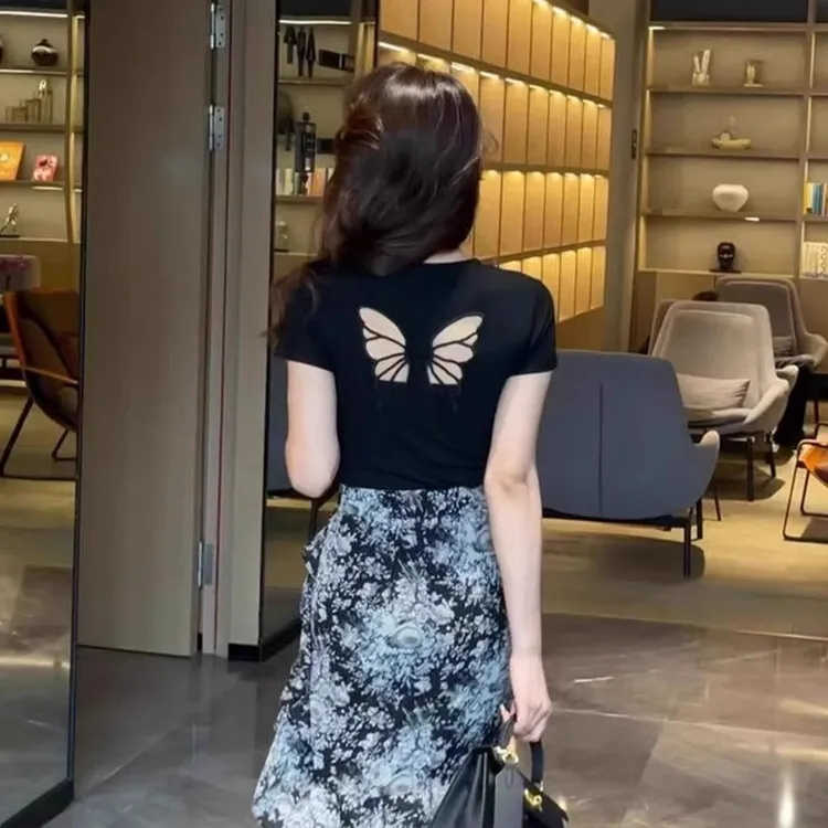 黑色后背镂空蝴蝶正肩短袖T恤女装2025夏季新款修身显瘦短款上衣