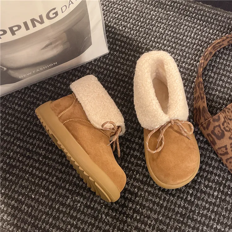 2025冬季新款加绒加厚勃肯小短靴女复古厚底毛毛翻边爆款雪地靴