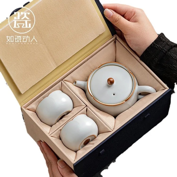 如瓷动人汝窑花边锔钉开片茶壶陶瓷家用防烫高档茶具套装泡茶茶杯