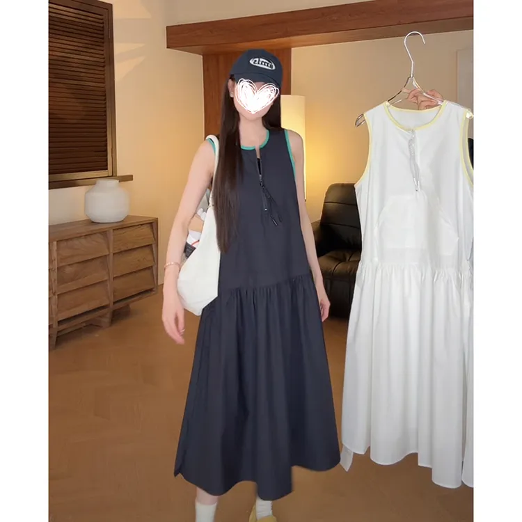【元气少女】夏季复古文艺无袖拼色艺术感连衣裙简约宽松长裙