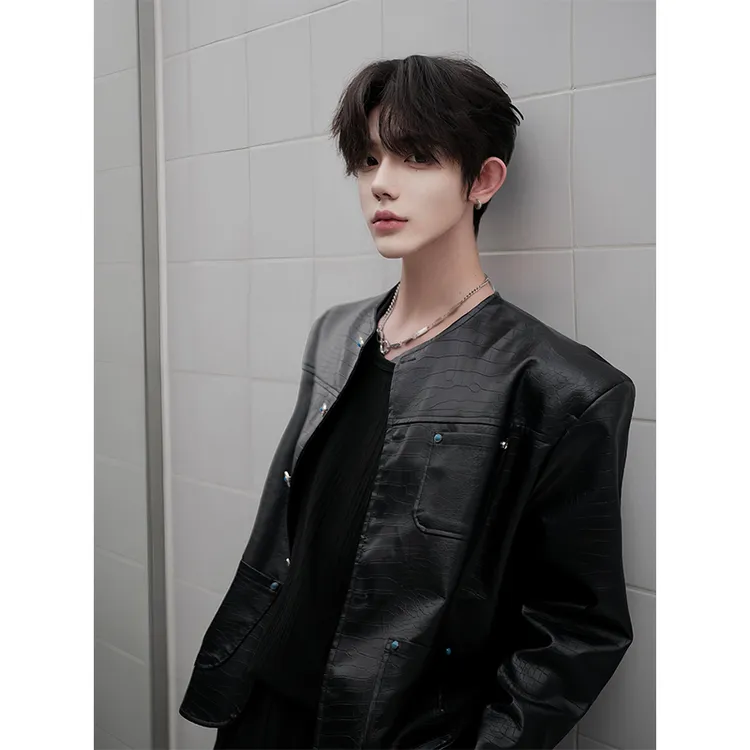 黑色小香风绿松石纽扣设计感夹克男秋冬男模穿搭cleanfit无领外套