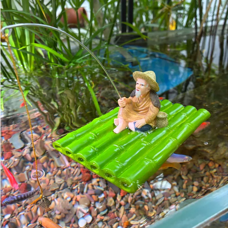 可漂浮竹筏姜太公钓鱼摆件庭院水缸鱼池流水造景鱼缸悬浮喂食器
