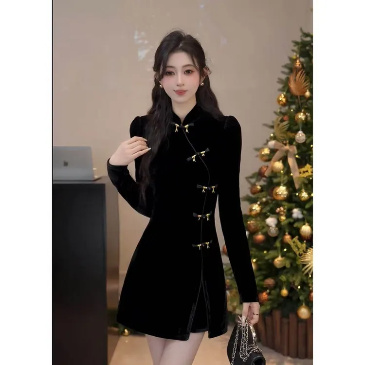 YUANLIANSU/圆脸酥【心事信笺】新中式国风盘扣立领丝绒连衣裙女装