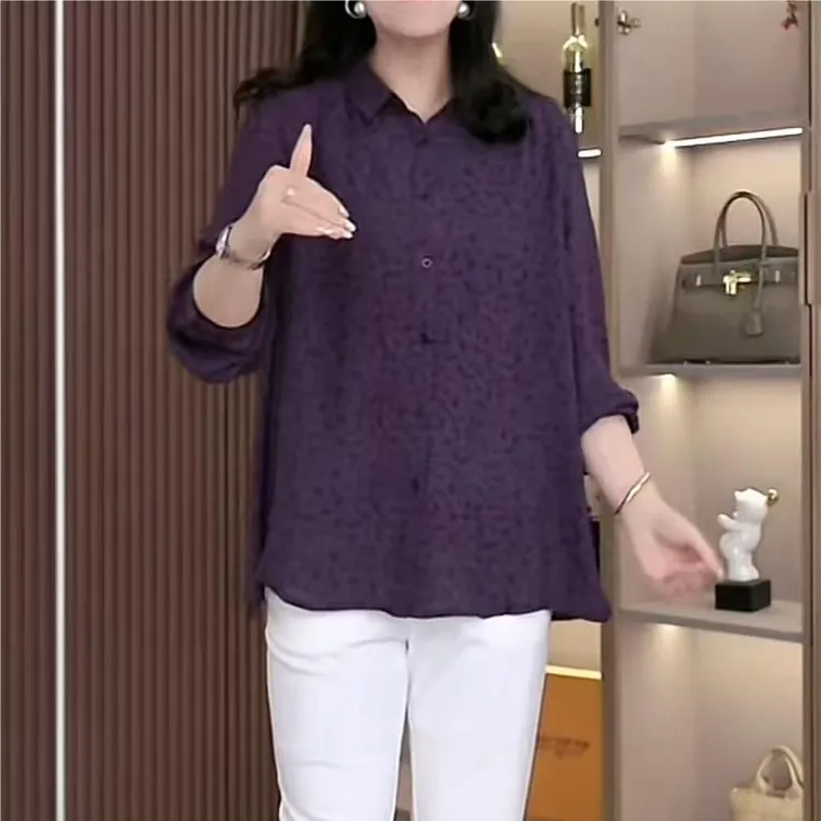 大码女装时尚长袖宽松显瘦新款翻领高腰休闲提花上衣ZB6060