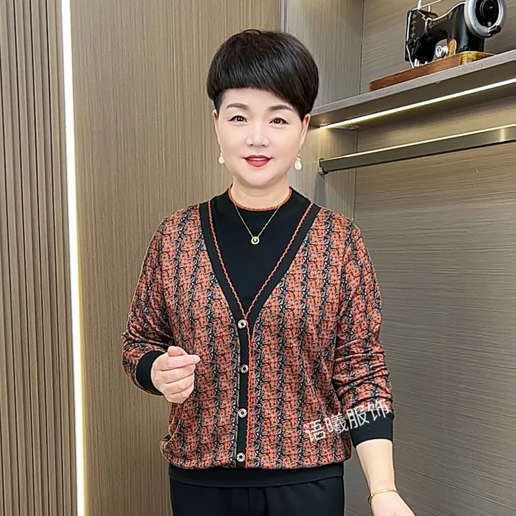 秋季新款印花长袖中老年女装圆领时尚显瘦假两件上衣F8810-2