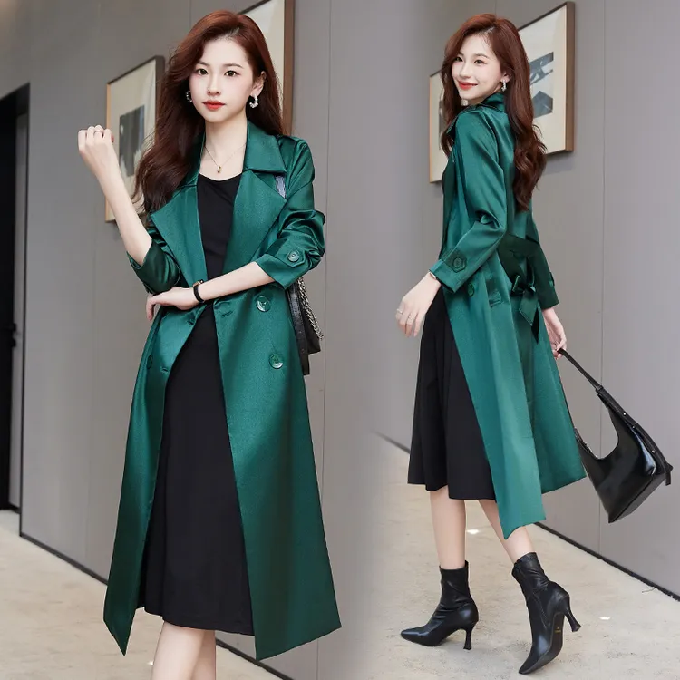 仿醋酸缎面风衣中长款过膝2025秋秋新款高端精致英伦气质显瘦外套
