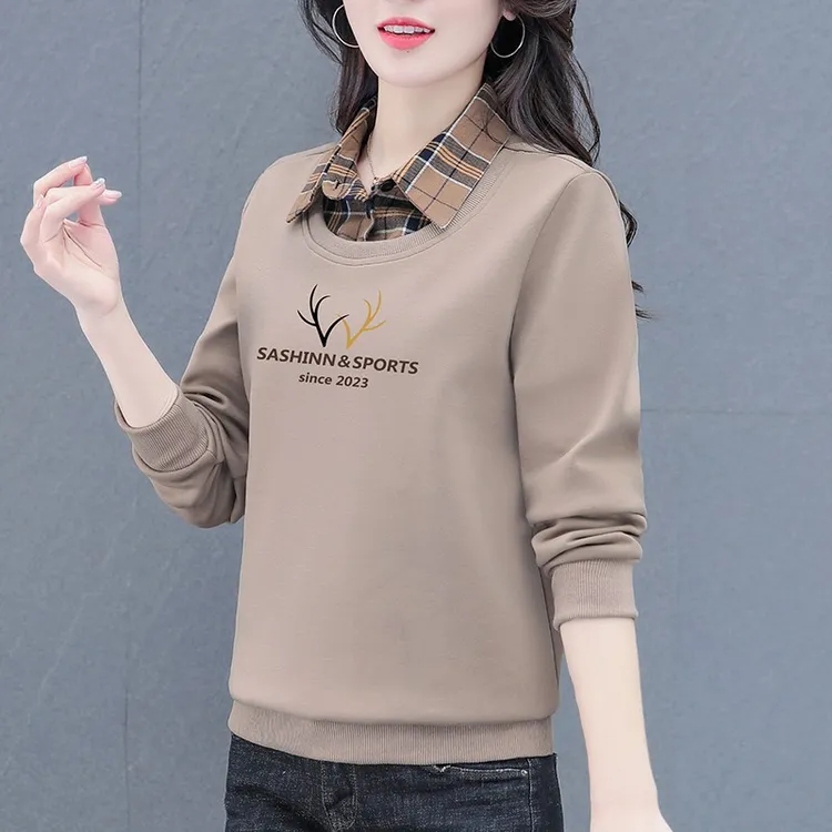 休闲显瘦卫衣假两件高档卫衣女春秋新款运动卫衣长袖加绒上衣女士