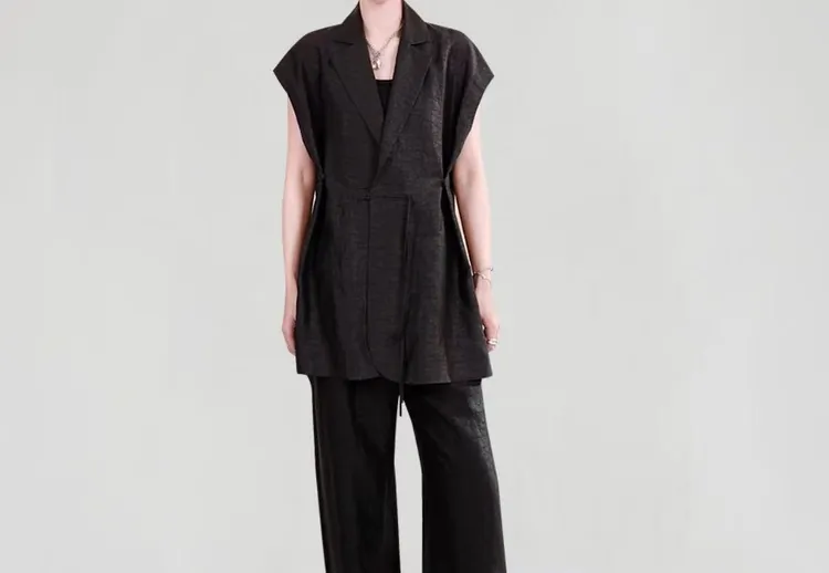 甜石【茉莉都市】龟裂纹香云纱西装领简约优雅外套马甲