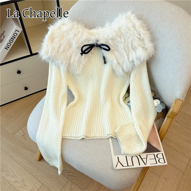 拉夏贝尔毛毛拼接针织衫女气质名媛氛围感秋冬新款小个子洋气毛衣
