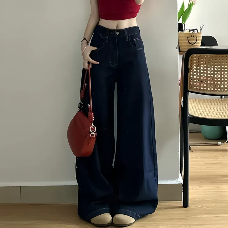 复古美式辣妹高腰牛仔裤女2025春秋新款宽松显瘦直筒阔腿拖地裤子