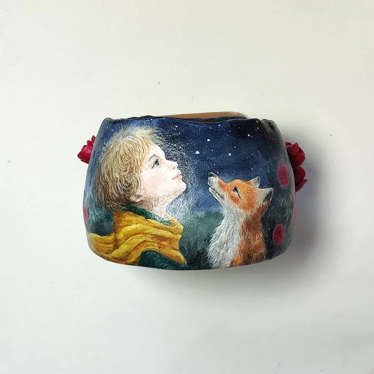 素朵手绘多肉花盆（小王子和小狐狸）