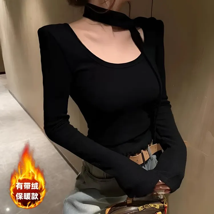 韩版显瘦长袖性感加绒纯欲风上衣紧身女打底衫带绒时尚百搭秋冬