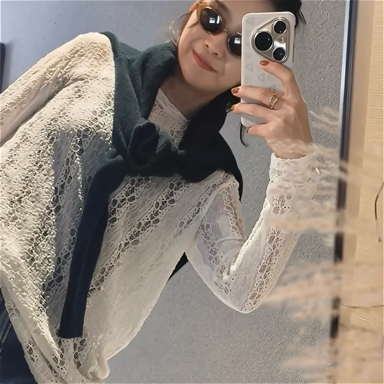 百搭磨毛慵懒风宽松蕾丝长袖打底针织衫ZJ001