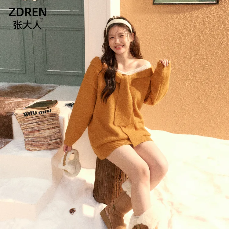 张大人【冬日暖阳】大码女装微胖妹妹冬日甜系复古姜黄系带露肩毛衣