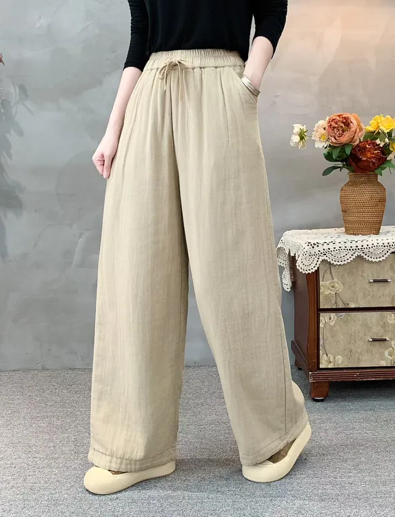 冬季加绒加厚棉纱松紧腰系带休闲裤女大码显瘦百搭阔腿裤直筒裤