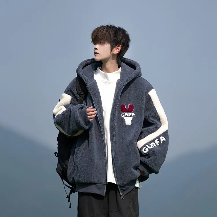 东方骆驼仿羊羔绒外套男冬季大码宽松加绒加厚棉衣男生连帽棉服男