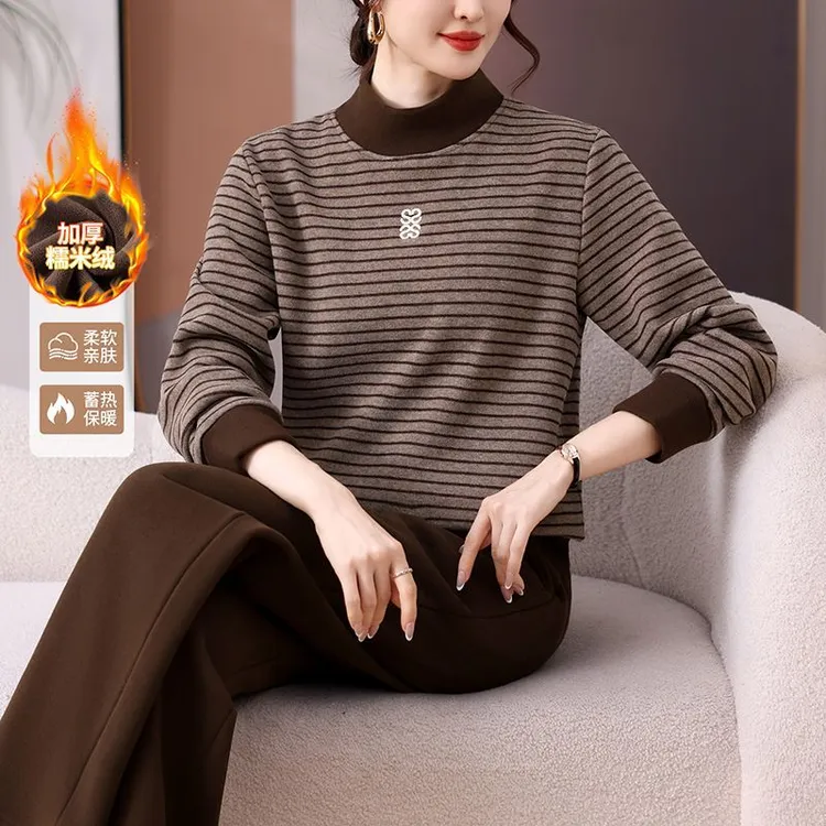时尚休闲加绒加厚条纹运动套装女新款洋气保暖冬季洋气妈妈两件套