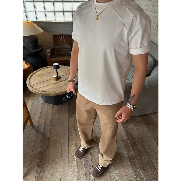 SANBA 三百【285G索罗娜】凉感透气修身拼接螺纹纯色正肩T恤短袖男