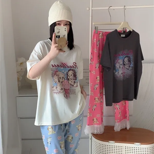 2025新品春季睡衣女短袖长裤卡通可爱小狗薄款pinkweo家居服