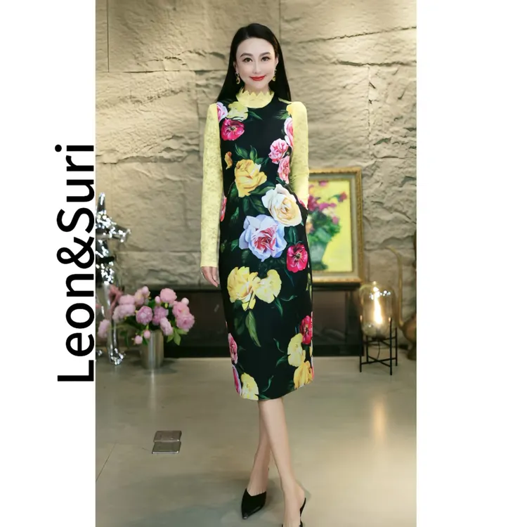 Leon&Suri “月光漫步”新款修身春款气质背心连衣裙印花显瘦时尚