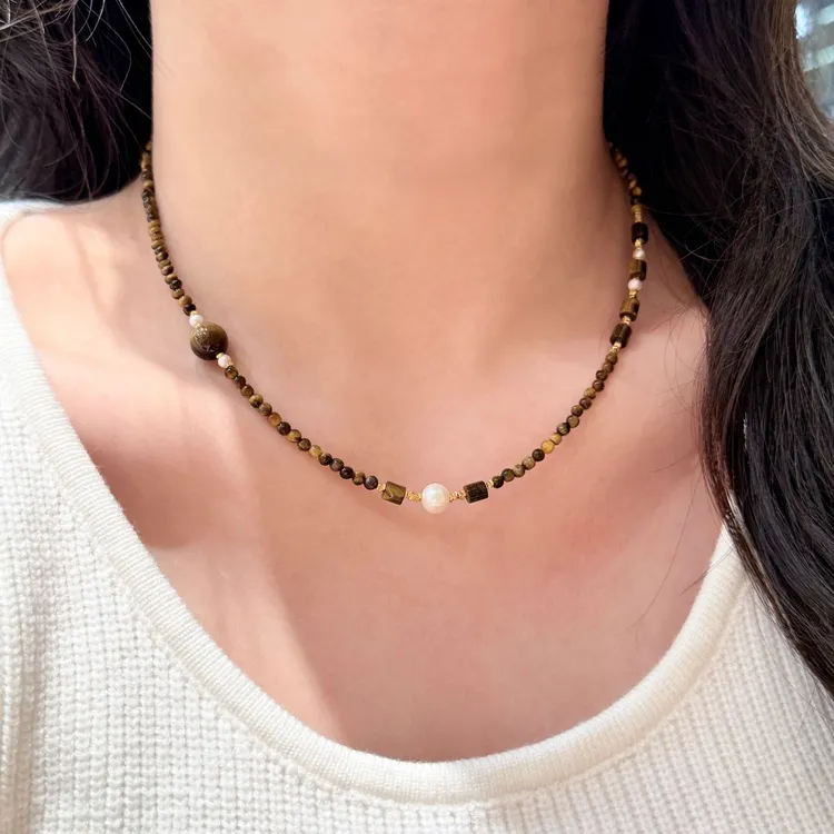 925银银制品s925天然虎眼石美拉德复古项链女风秋冬毛衣链高级感