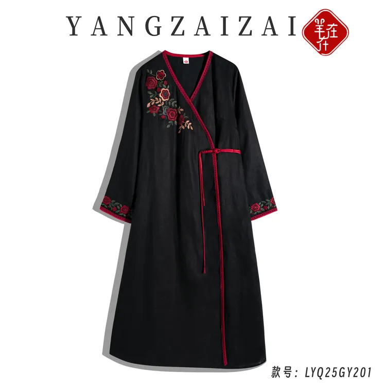 羊在在【花影成双】复古民族风刺绣新中式开衫连衣裙春秋LYQ25GY201
