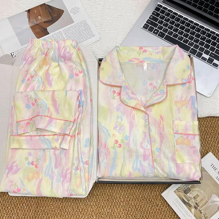 长袖长裤翻领睡衣女春秋季长袖甜美可爱卡通家居服开衫套装3606