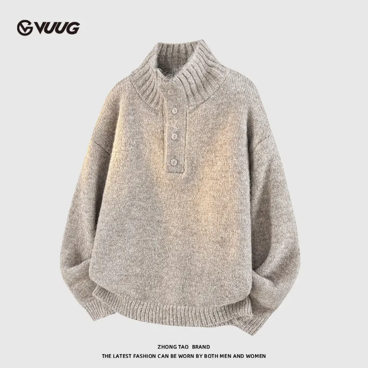 VUUG立领厚款休闲毛衣男士秋冬季新款美式潮流宽松弹力针织上衣服