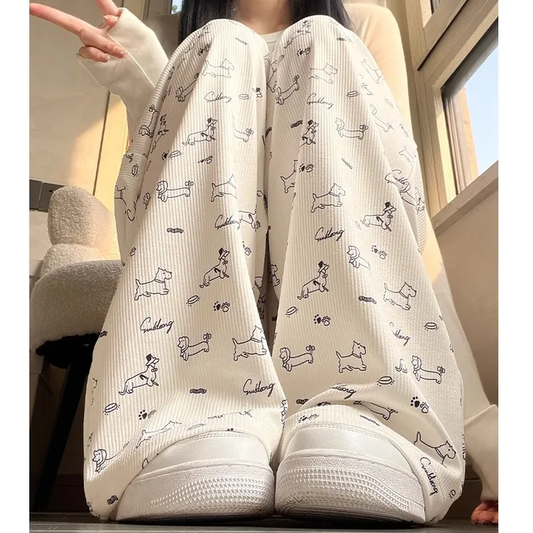 300斤大码冰丝可爱狗狗印花阔腿裤女夏季薄款高腰宽松垂感休闲裤