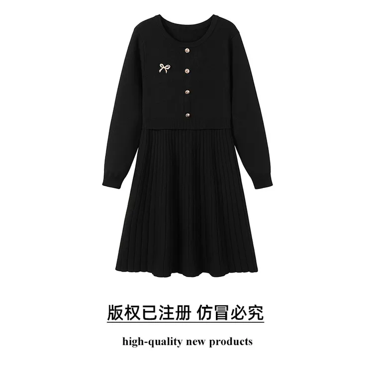 奢姿2025年秋季新款大码女装圆领休闲裙子胖妹妹针织假两件连衣裙