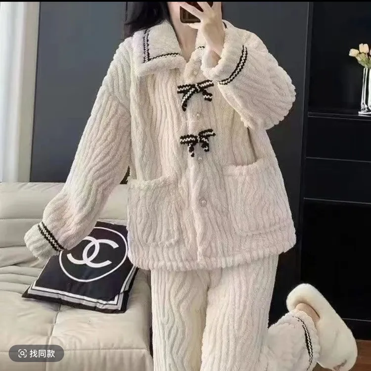 蝴蝶结睡衣北极绒家居服珊瑚绒睡衣女秋冬季加厚可爱套装加绒女士