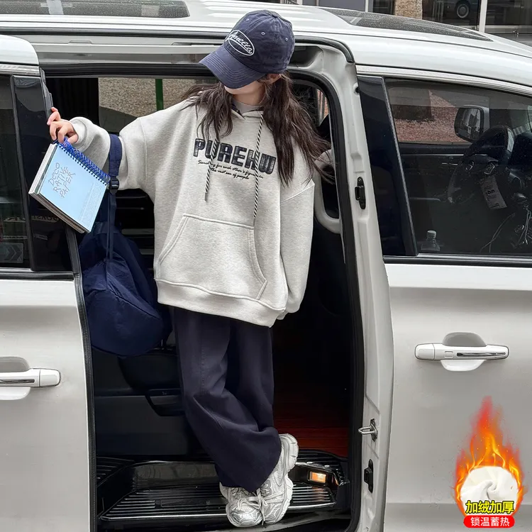 女童秋季加绒卫衣新款女孩6-12岁大童洋气长袖韩版秋冬款连帽卫衣