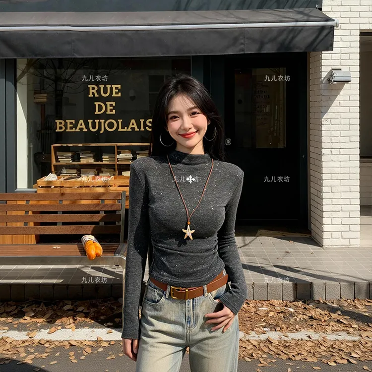 2025秋冬加绒磨毛褶皱打底衫设计款十字架满天星内搭T恤长袖1080