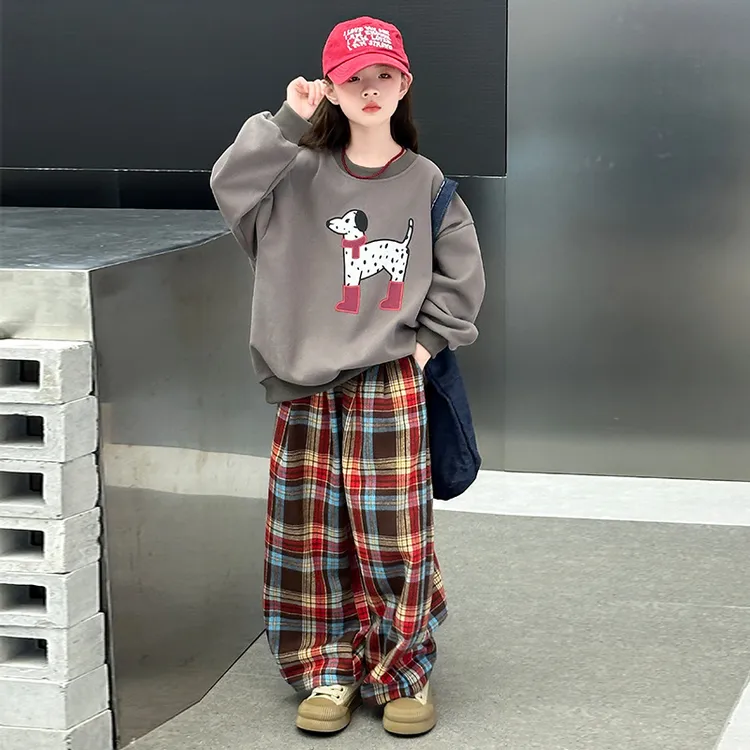 女童卫衣套装春装2025新款中大童宽松格子阔腿裤两件套可爱韩版潮