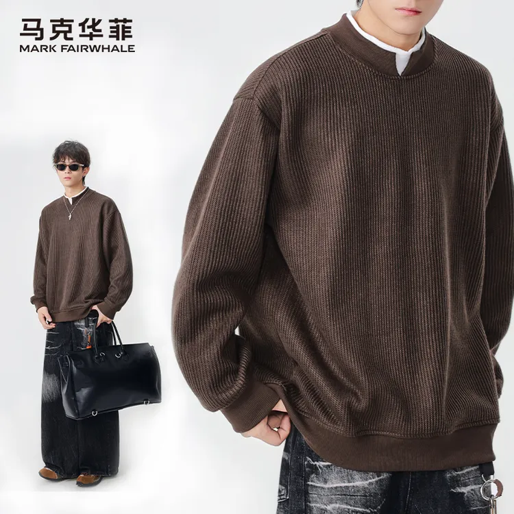马克华菲圆领套头卫衣春秋季款假两件重磅V领轻奢痞帅男装高级感