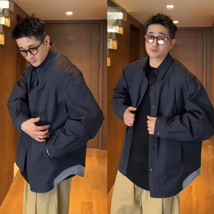 秋季新款假两件拼接衬衫外套男潮牌美式高街宽松百搭翻领夹克上衣