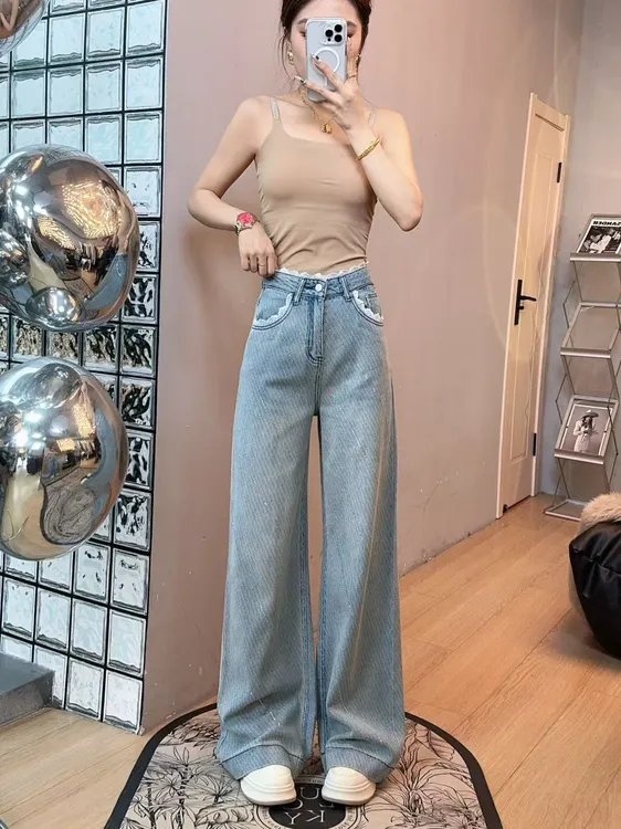 楠哥#韩系设计感拼接蕾丝重工烫钻纹理感阔腿牛仔裤  2025年春季