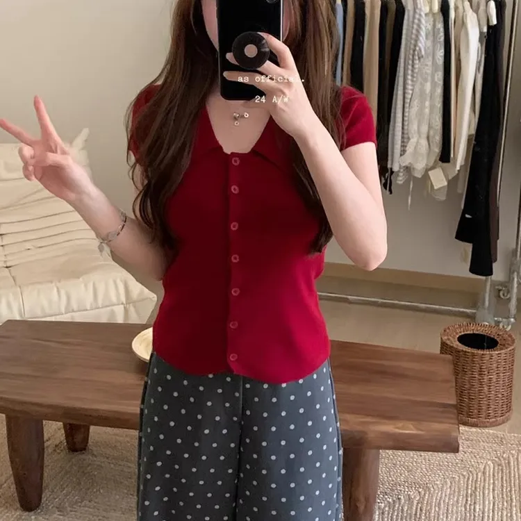 红色夏季娃娃领短袖针织衫上衣女矮个子飞飞袖短款修身显瘦上衣