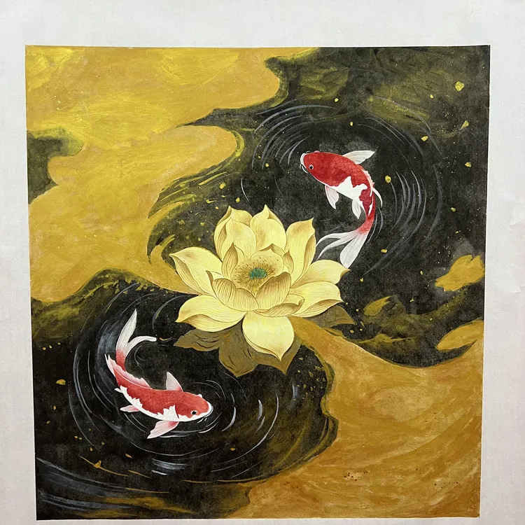 国画四平尺斗方荷花鱼《连年有余》附收藏证书手绘国画