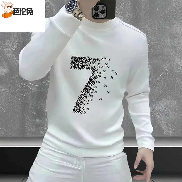 个性潮流高级感简约印花卫衣男士秋冬加绒黑色帅气圆领潮牌长袖男