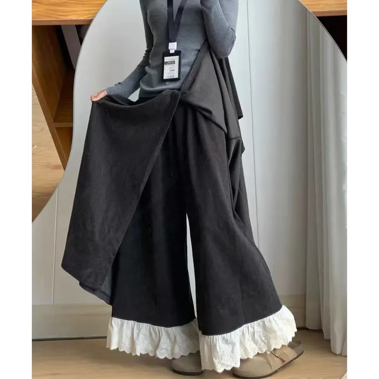 深灰色梧桐裤裙裤女秋季2025新款假两件慵懒风蕾丝拼接毛呢阔腿裤