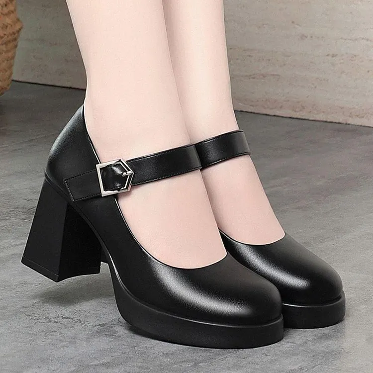 2025新款真皮皮鞋玛丽珍黑色高跟鞋走秀一字扣带单鞋工作鞋厚底鞋