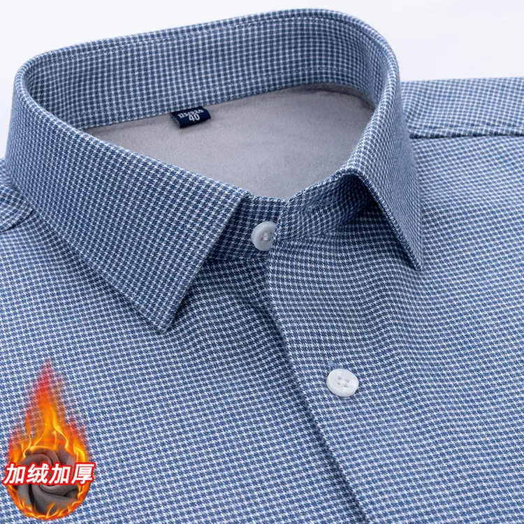 100%棉冬季加绒加厚衬衫男款商务休闲千鸟格保暖上衣外套长袖衬衫