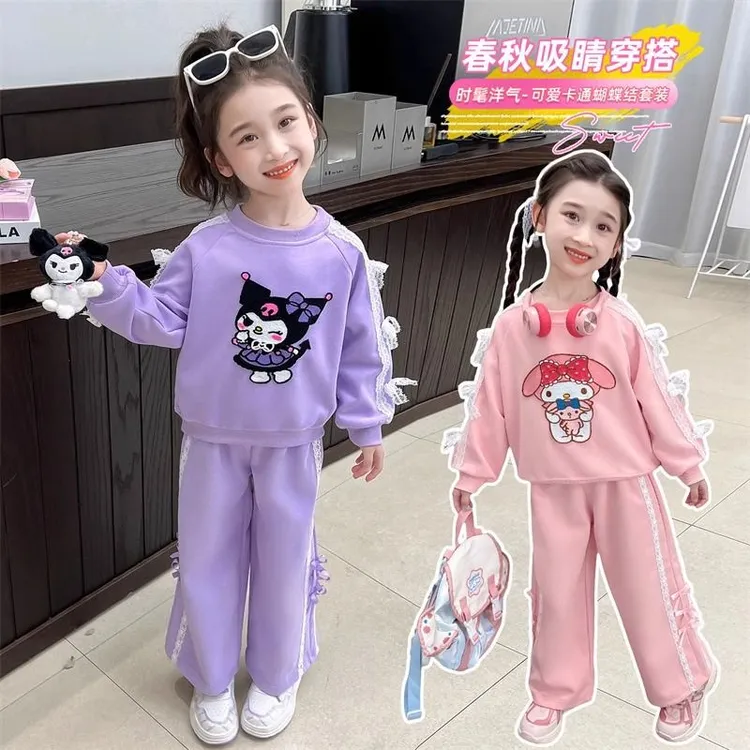 女童中小童长袖圆领休闲套装时髦洋气拼接撞色卡通印花儿童两件套