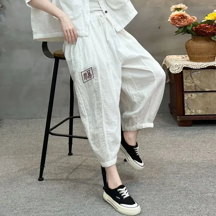 夏季新品薄款双层纱休闲哈伦裤女宽松八分裤刺绣福字南瓜裤潮