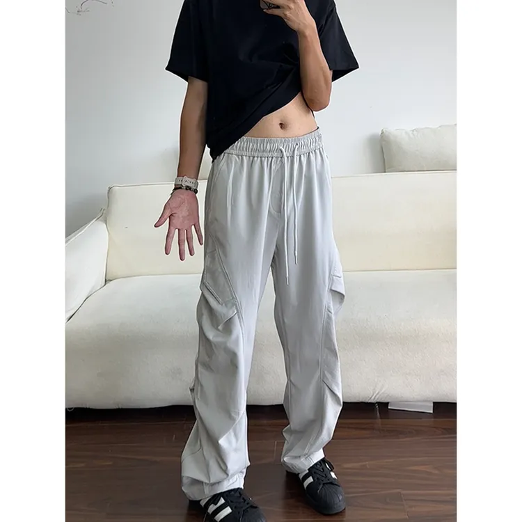 美式褶皱速干冲锋裤男夏季薄款潮牌设计感弯刀裤宽松直筒工装裤子