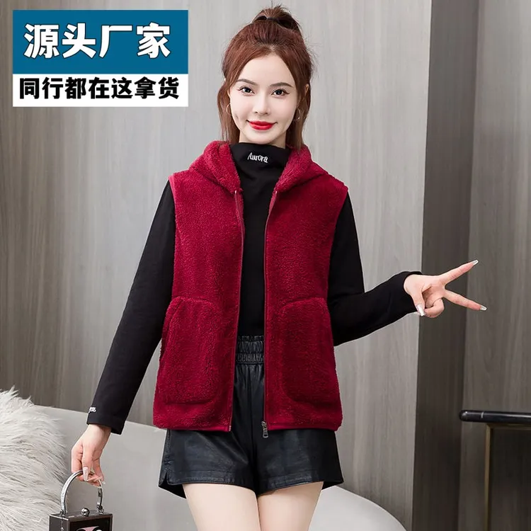 梵乐芬双面绒连帽马甲女秋冬新款珊瑚绒加绒加厚百搭摇粒绒外穿大